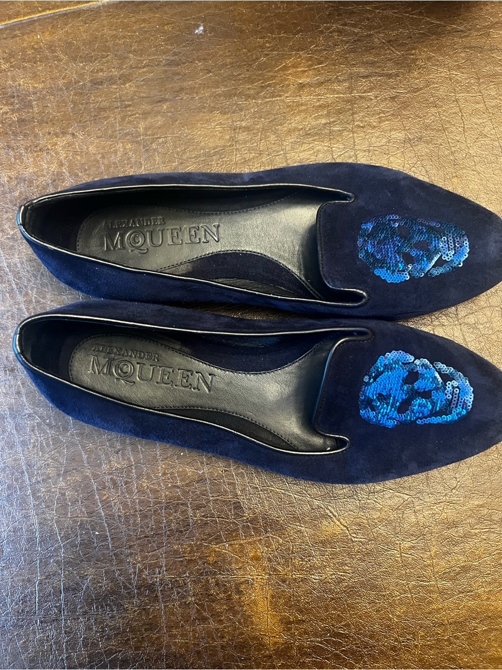 Alexander McQueen Navy Suede Flats with Blue Sequin Skull
